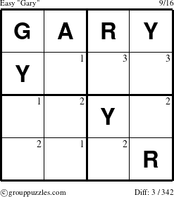 The grouppuzzles.com Easy Gary puzzle for  with the first 3 steps marked