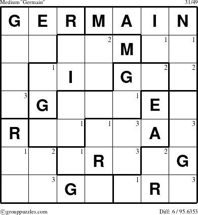 The grouppuzzles.com Medium Germain puzzle for  with the first 3 steps marked