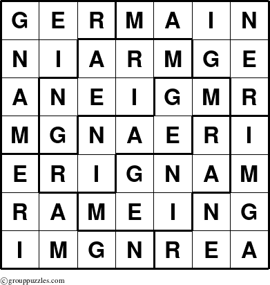 The grouppuzzles.com Answer grid for the Germain puzzle for 