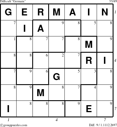 The grouppuzzles.com Difficult Germain puzzle for  with all 9 steps marked