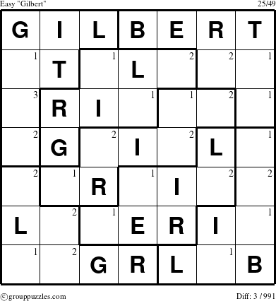 The grouppuzzles.com Easy Gilbert puzzle for  with the first 3 steps marked