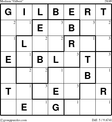 The grouppuzzles.com Medium Gilbert puzzle for  with the first 3 steps marked