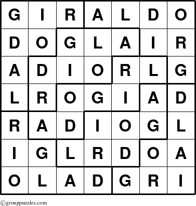 The grouppuzzles.com Answer grid for the Giraldo puzzle for 