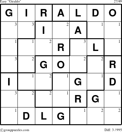 The grouppuzzles.com Easy Giraldo puzzle for  with the first 3 steps marked