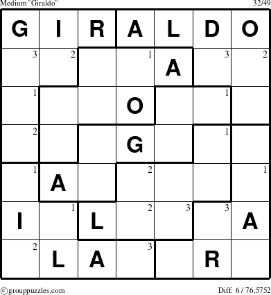 The grouppuzzles.com Medium Giraldo puzzle for  with the first 3 steps marked
