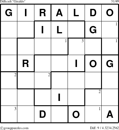 The grouppuzzles.com Difficult Giraldo puzzle for  with the first 3 steps marked