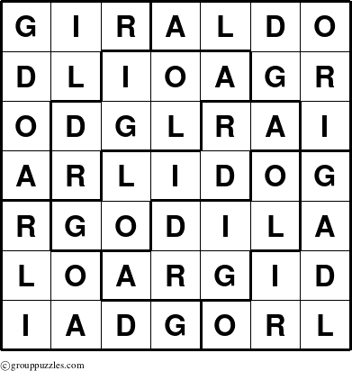 The grouppuzzles.com Answer grid for the Giraldo puzzle for 