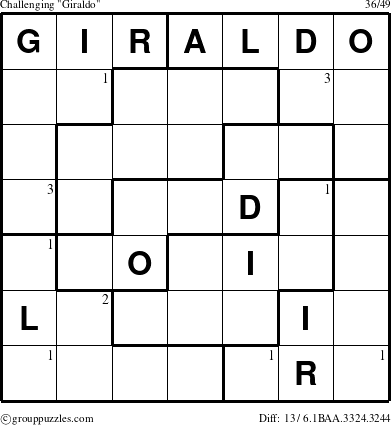 The grouppuzzles.com Challenging Giraldo puzzle for  with the first 3 steps marked