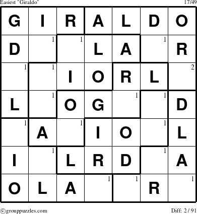 The grouppuzzles.com Easiest Giraldo puzzle for  with the first 2 steps marked