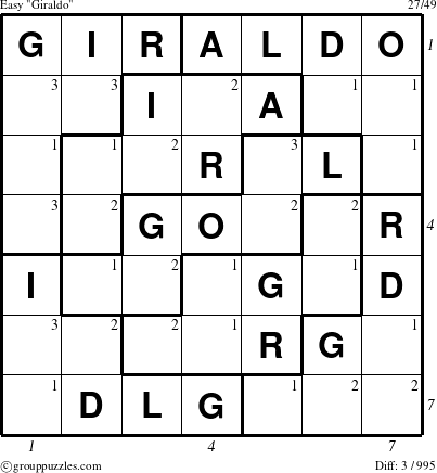 The grouppuzzles.com Easy Giraldo puzzle for  with all 3 steps marked