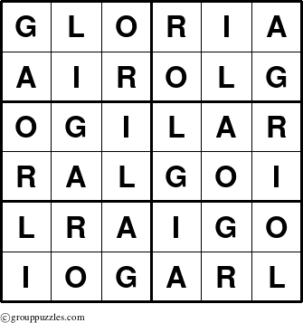 The grouppuzzles.com Answer grid for the Gloria puzzle for 