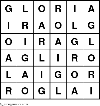 The grouppuzzles.com Answer grid for the Gloria puzzle for 