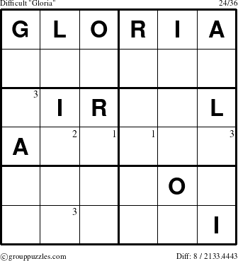 The grouppuzzles.com Difficult Gloria puzzle for  with the first 3 steps marked