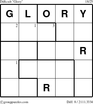 The grouppuzzles.com Difficult Glory puzzle for  with the first 3 steps marked