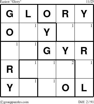 The grouppuzzles.com Easiest Glory puzzle for  with the first 2 steps marked