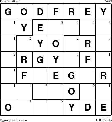 The grouppuzzles.com Easy Godfrey puzzle for  with the first 3 steps marked