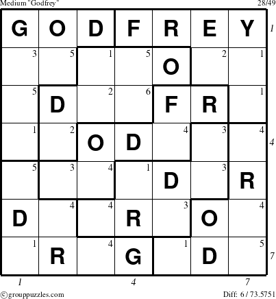 The grouppuzzles.com Medium Godfrey puzzle for  with all 6 steps marked