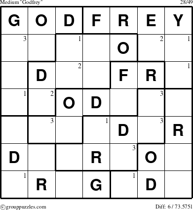 The grouppuzzles.com Medium Godfrey puzzle for  with the first 3 steps marked