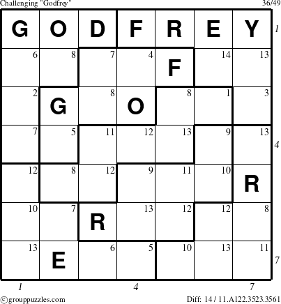 The grouppuzzles.com Challenging Godfrey puzzle for  with all 14 steps marked