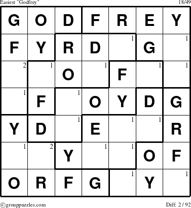 The grouppuzzles.com Easiest Godfrey puzzle for  with the first 2 steps marked