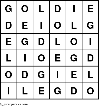 The grouppuzzles.com Answer grid for the Goldie puzzle for 