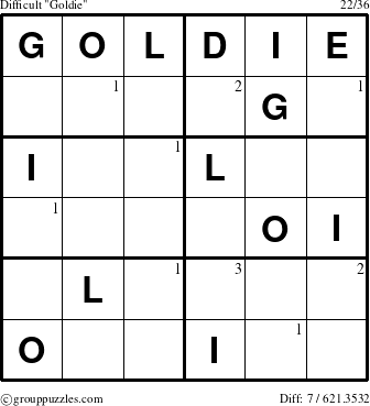 The grouppuzzles.com Difficult Goldie puzzle for  with the first 3 steps marked