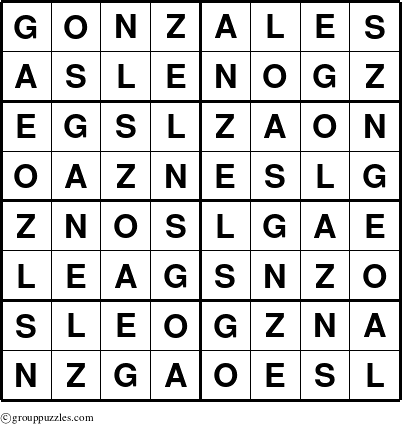 The grouppuzzles.com Answer grid for the Gonzales puzzle for 