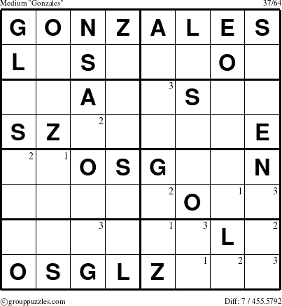 The grouppuzzles.com Medium Gonzales puzzle for  with the first 3 steps marked