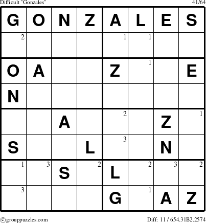 The grouppuzzles.com Difficult Gonzales puzzle for  with the first 3 steps marked