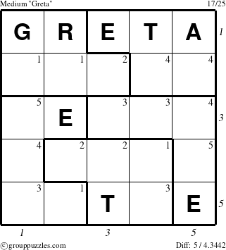 The grouppuzzles.com Medium Greta puzzle for  with all 5 steps marked