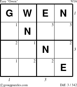 The grouppuzzles.com Easy Gwen puzzle for  with all 3 steps marked