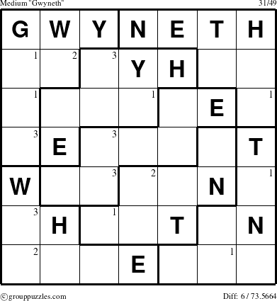 The grouppuzzles.com Medium Gwyneth puzzle for  with the first 3 steps marked