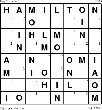 The grouppuzzles.com Easy Hamilton puzzle for  with the first 3 steps marked