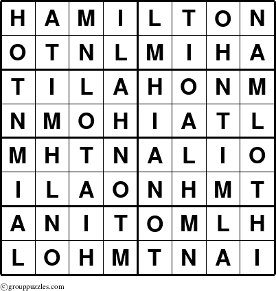The grouppuzzles.com Answer grid for the Hamilton puzzle for 