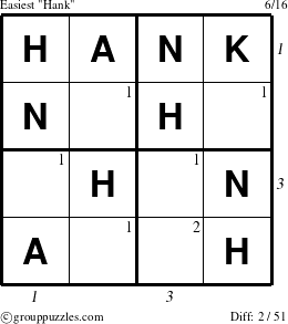 The grouppuzzles.com Easiest Hank puzzle for  with all 2 steps marked