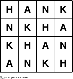 The grouppuzzles.com Answer grid for the Hank puzzle for 