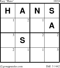 The grouppuzzles.com Easy Hans puzzle for  with the first 3 steps marked
