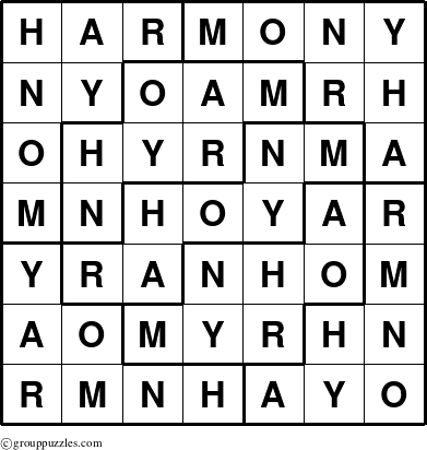 The grouppuzzles.com Answer grid for the Harmony puzzle for 