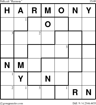 The grouppuzzles.com Difficult Harmony puzzle for  with the first 3 steps marked