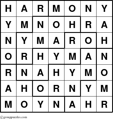 The grouppuzzles.com Answer grid for the Harmony puzzle for 