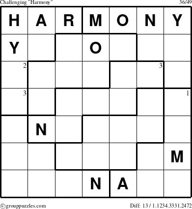The grouppuzzles.com Challenging Harmony puzzle for  with the first 3 steps marked