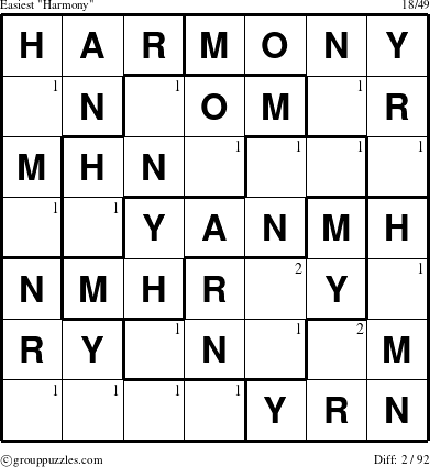 The grouppuzzles.com Easiest Harmony puzzle for  with the first 2 steps marked