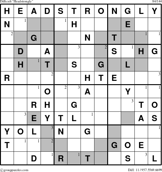 The grouppuzzles.com Difficult Headstrongly puzzle for  with the first 3 steps marked