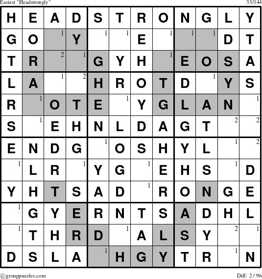 The grouppuzzles.com Easiest Headstrongly puzzle for  with the first 2 steps marked