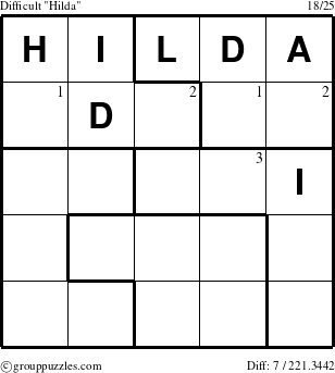 The grouppuzzles.com Difficult Hilda puzzle for  with the first 3 steps marked
