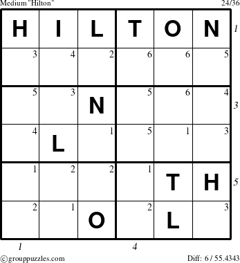 The grouppuzzles.com Medium Hilton puzzle for  with all 6 steps marked