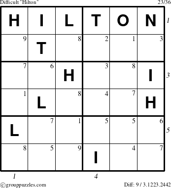 The grouppuzzles.com Difficult Hilton puzzle for  with all 9 steps marked