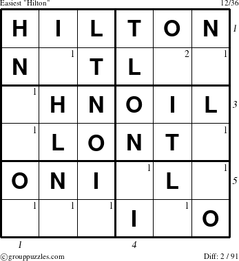 The grouppuzzles.com Easiest Hilton puzzle for  with all 2 steps marked