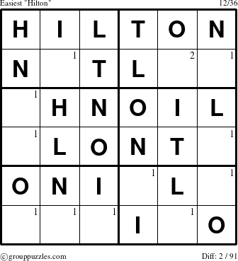 The grouppuzzles.com Easiest Hilton puzzle for  with the first 2 steps marked