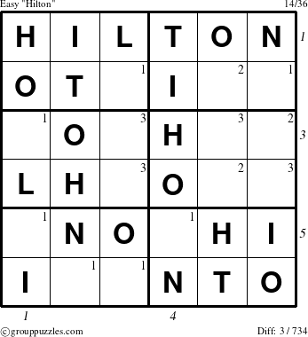 The grouppuzzles.com Easy Hilton puzzle for  with all 3 steps marked